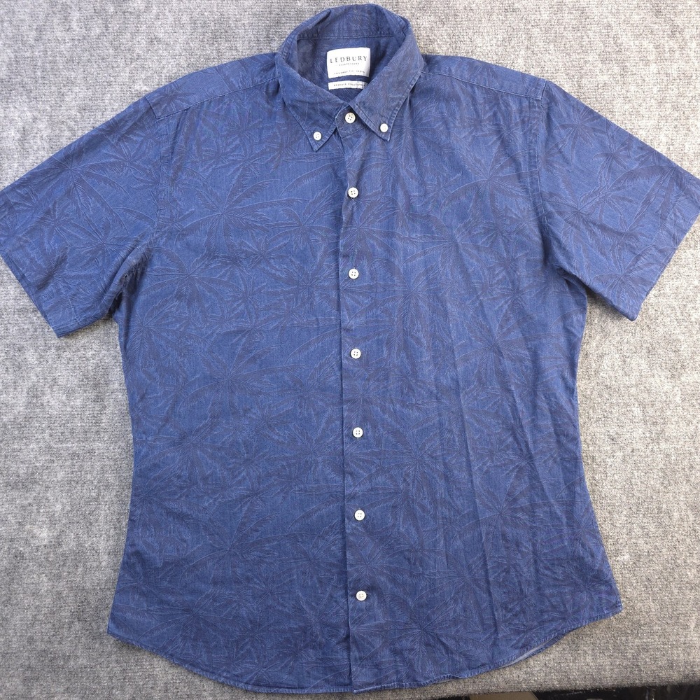 Ledbury Shirt Large 16.5 Blue Floral Short Sleeve Button Down Tailored‎ Fit